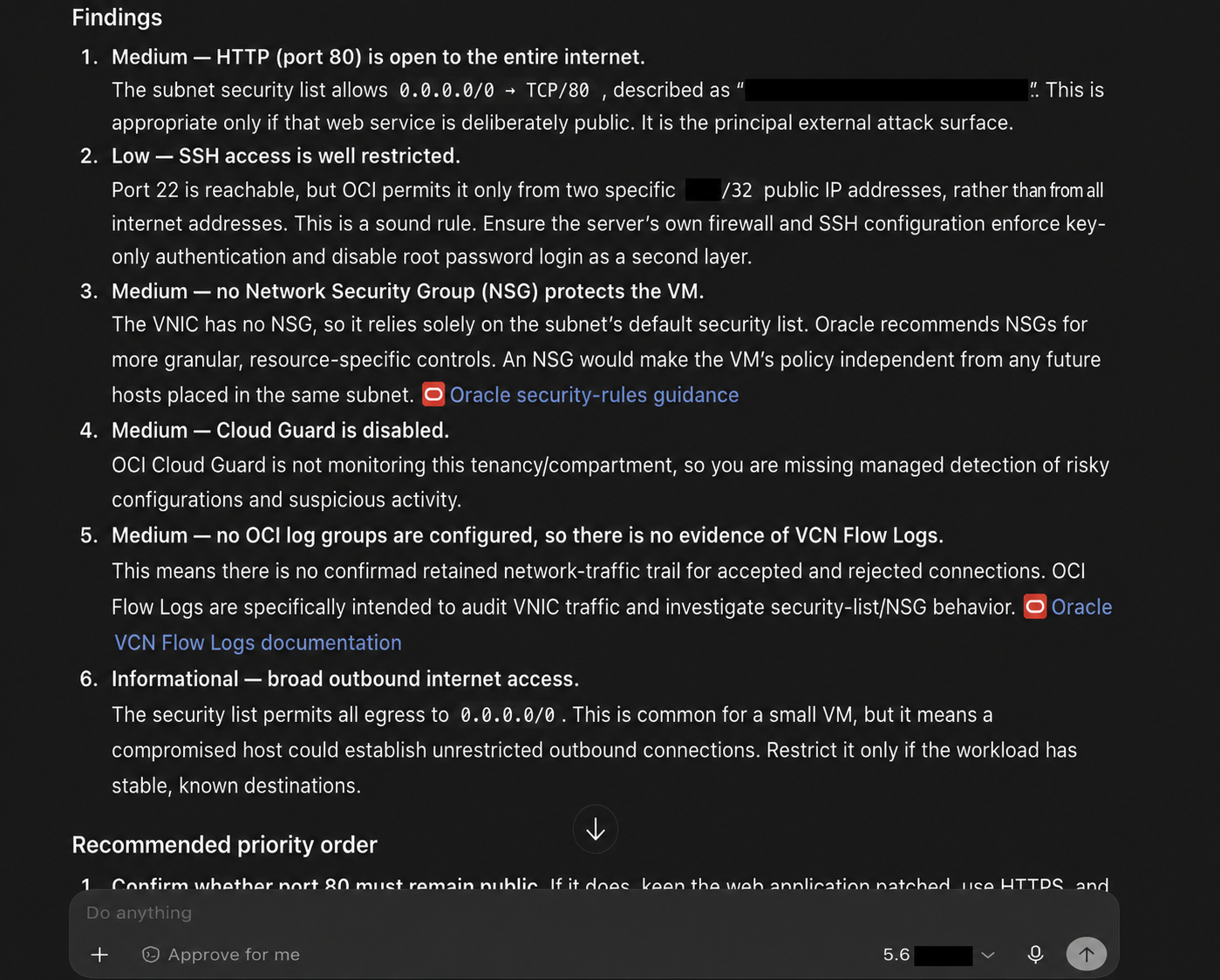 Actual redacted OCI network findings screenshot