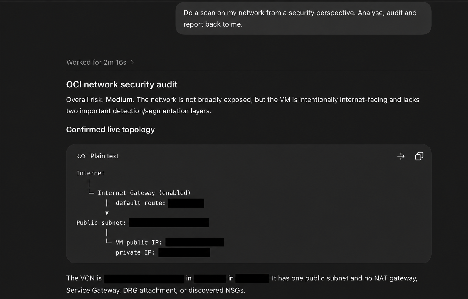 Actual redacted OCI network topology audit screenshot